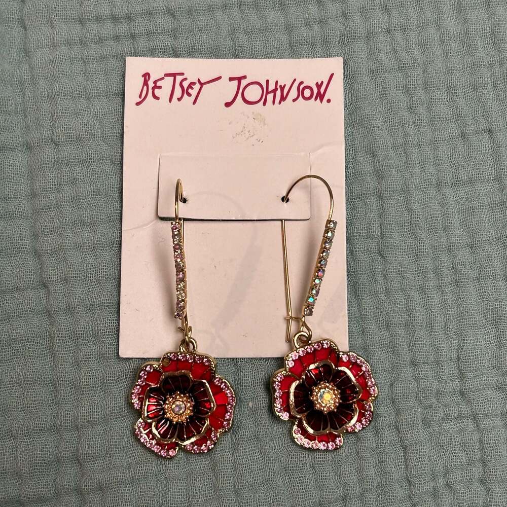 Betsey Johnson Red Flower Drop Earrings with Pink Rhinestones